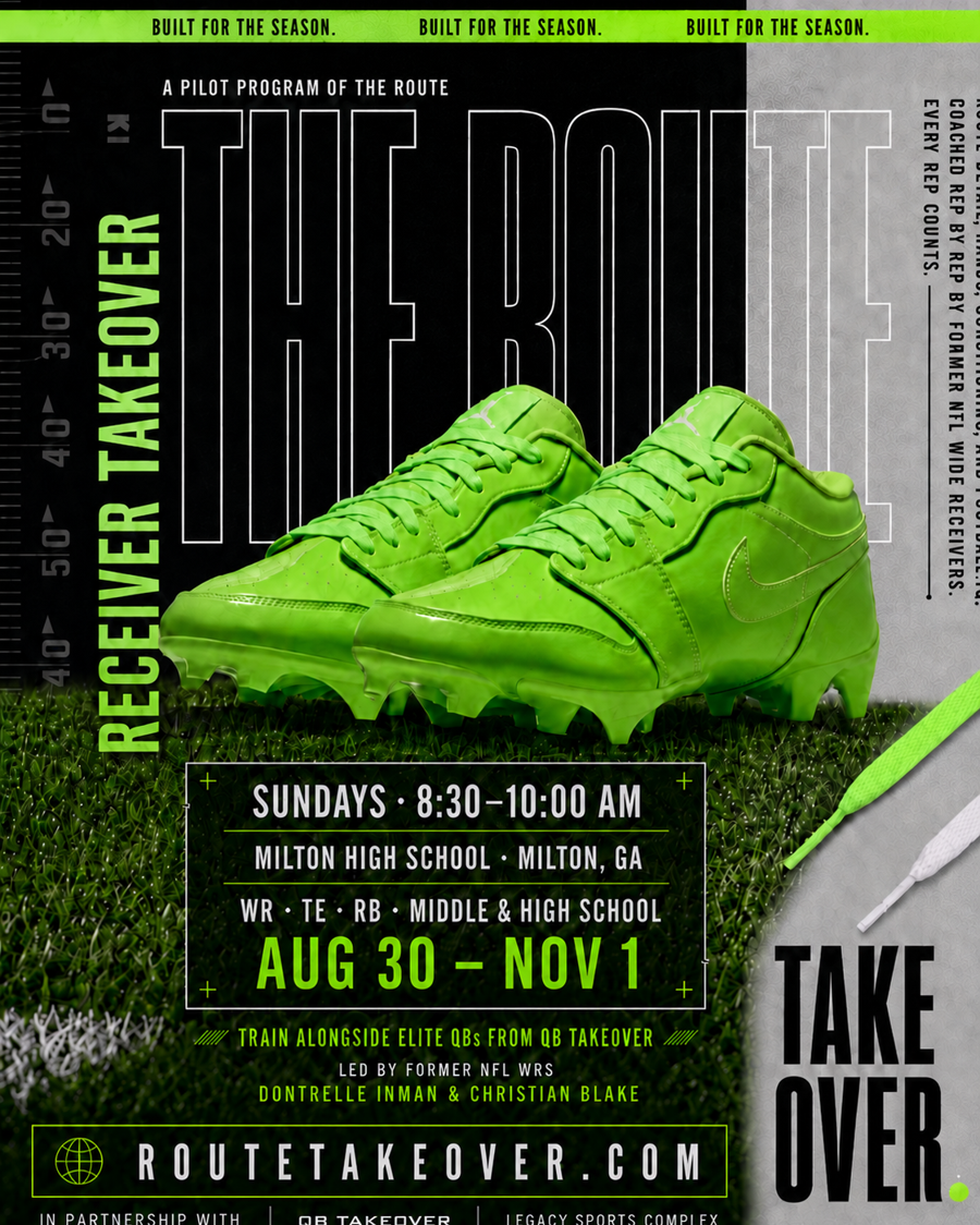 Receiver Takeover Week 1 flyer: Sundays 8:30-10:00 AM at Milton High School, Milton, GA, for middle- and high-school wide receivers, tight ends, and running backs, August 30 through November 1. Led by former NFL wide receivers Dontrelle Inman and Christian Blake, in partnership with QB Takeover and Legacy Sports Complex.